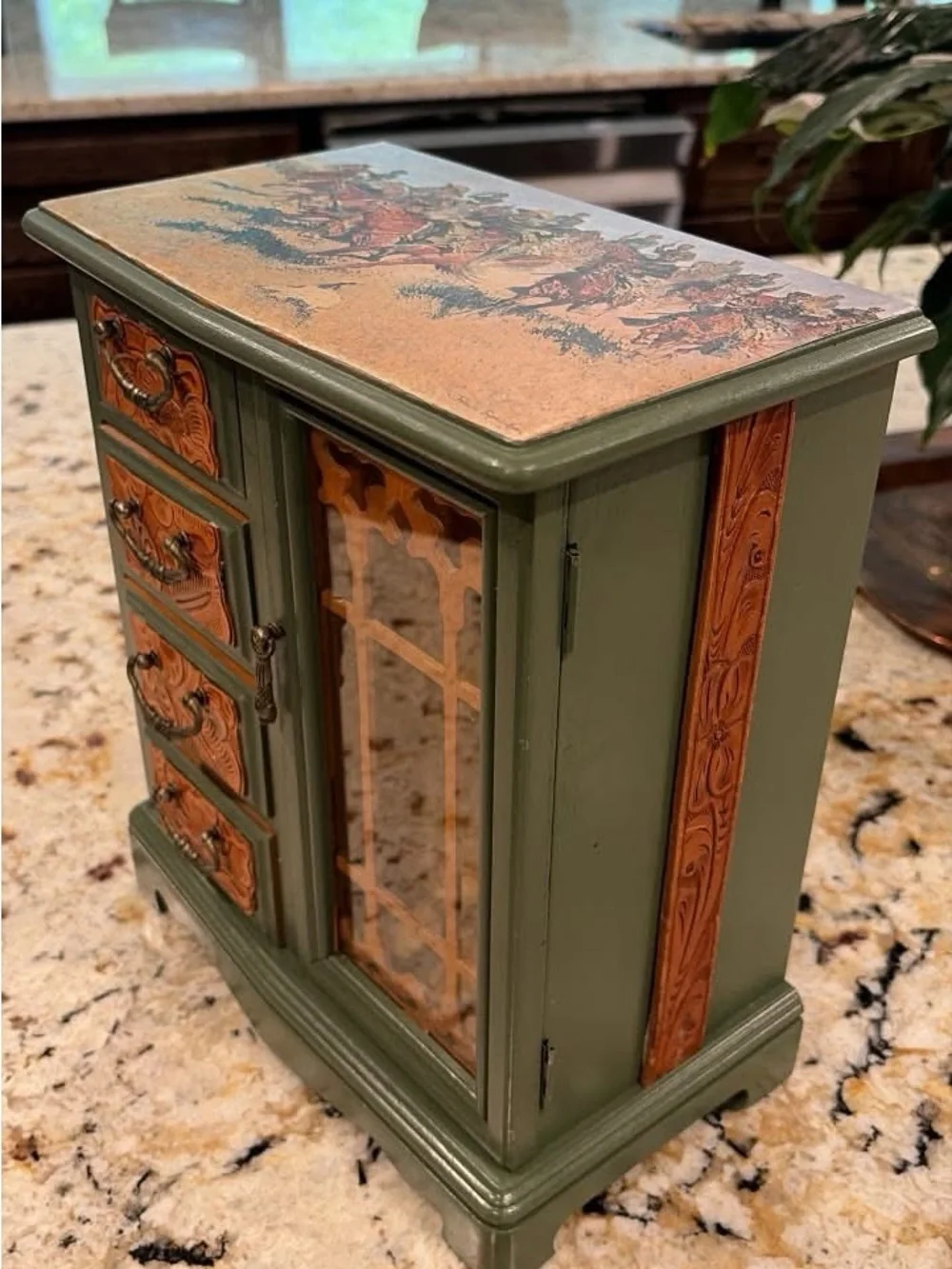 Hand-Painted Green and Tan Western Jewelry Cabinet with Glass Door